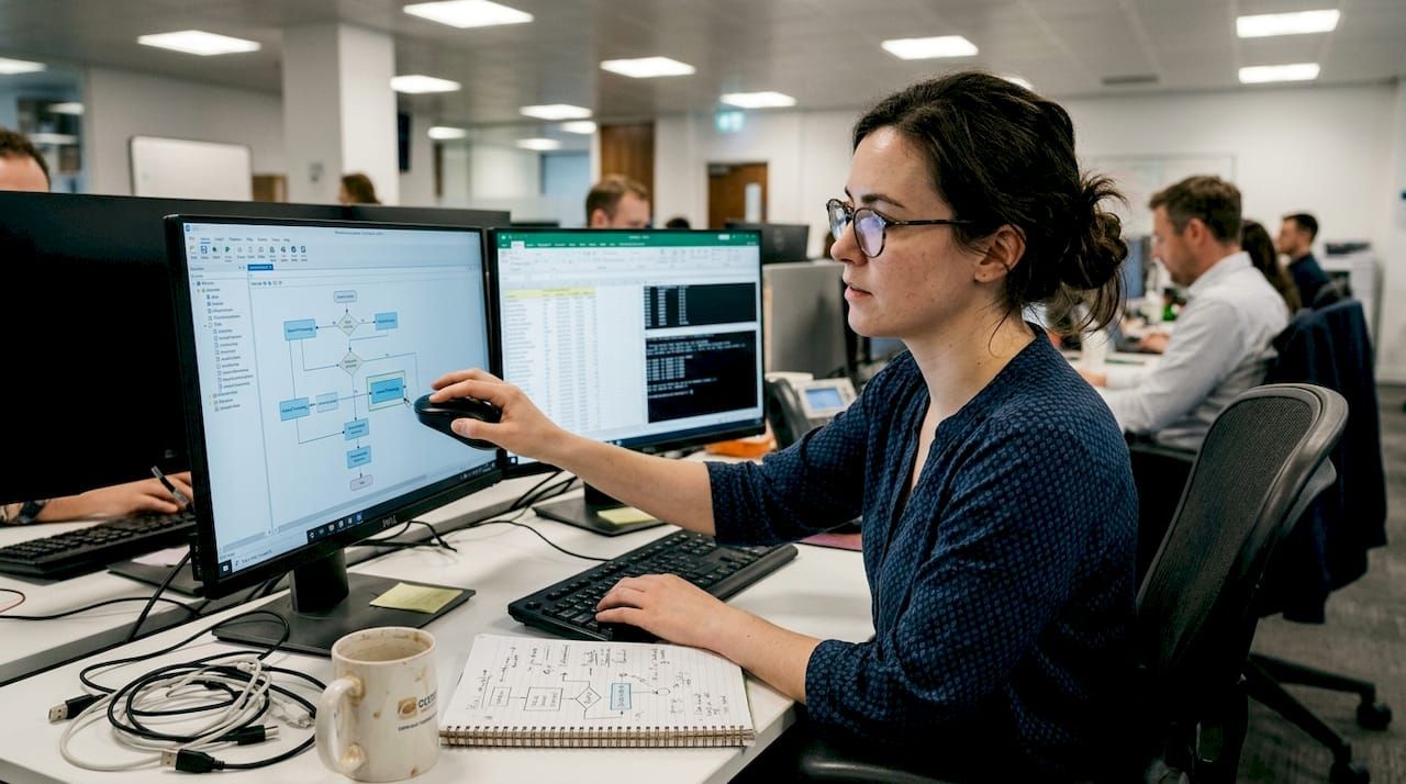 RPA analyst reviewing workflow on monitors