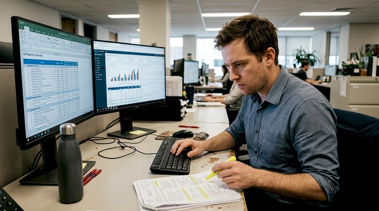 Compliance analyst checks financial dashboard data