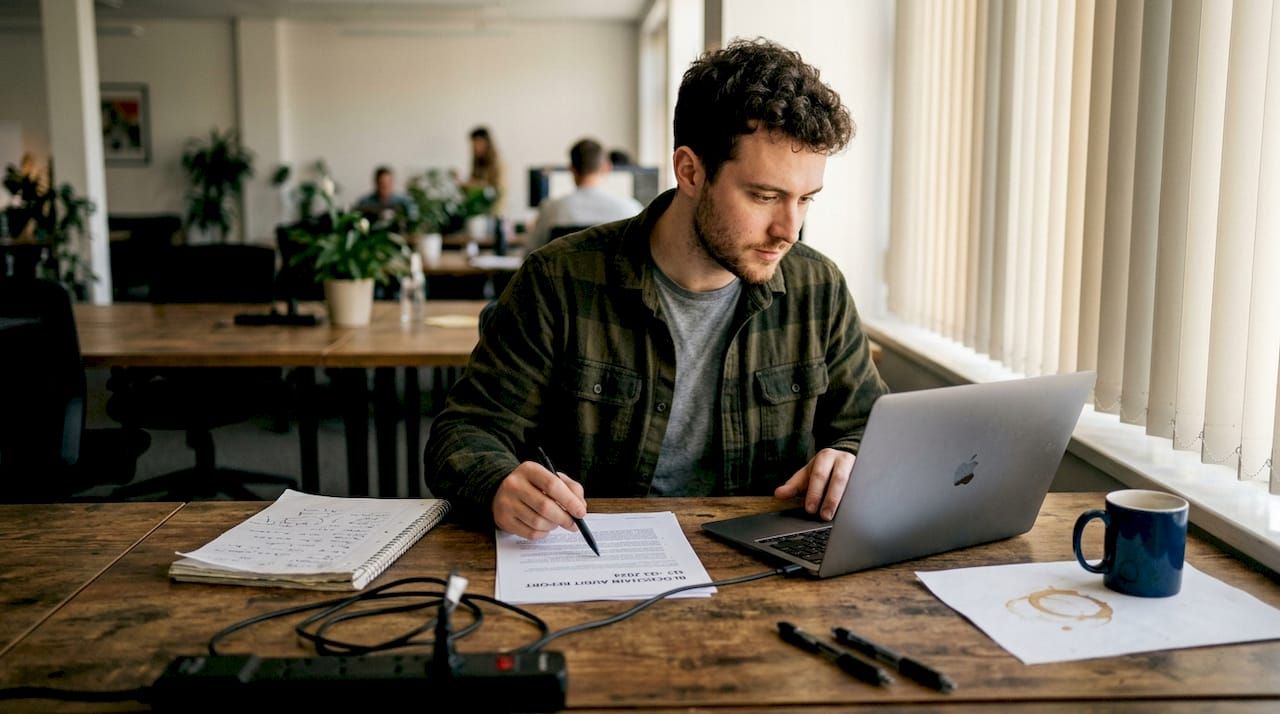 Analyst checking blockchain audit report at desk