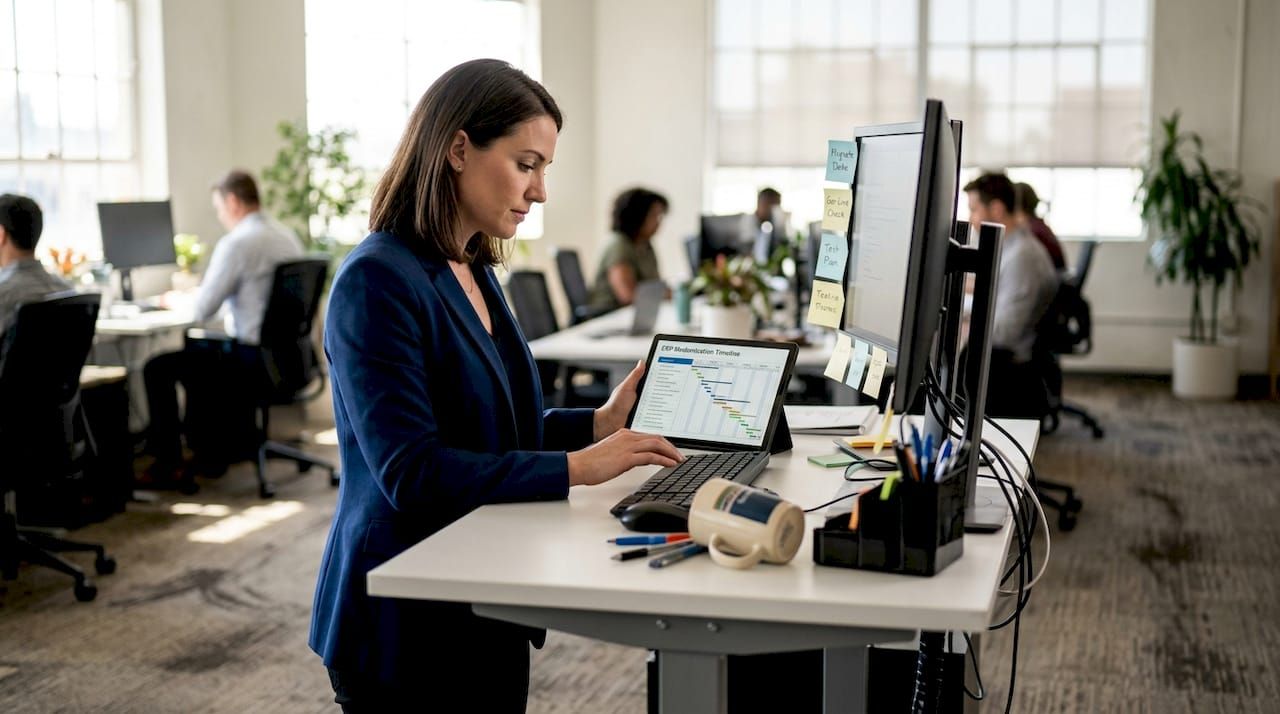 Manager reviewing ERP modernization checklist