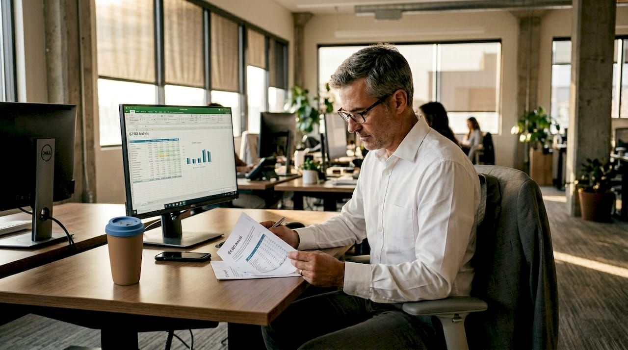 Executive analyzing printed ROI report