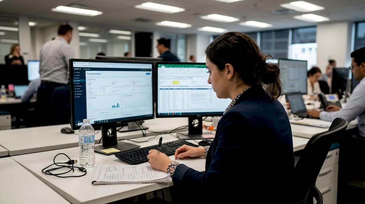Analyst reviewing transaction monitoring dashboard