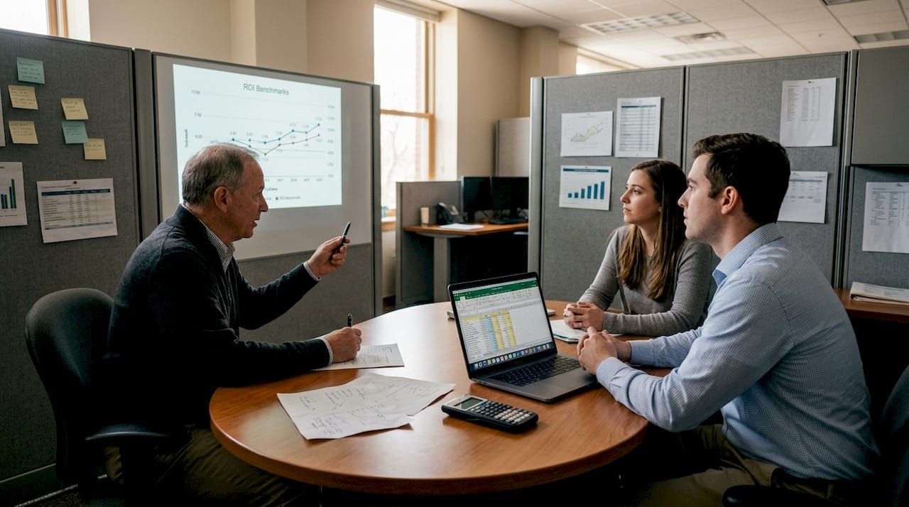Finance team discusses ROI benchmarks stats