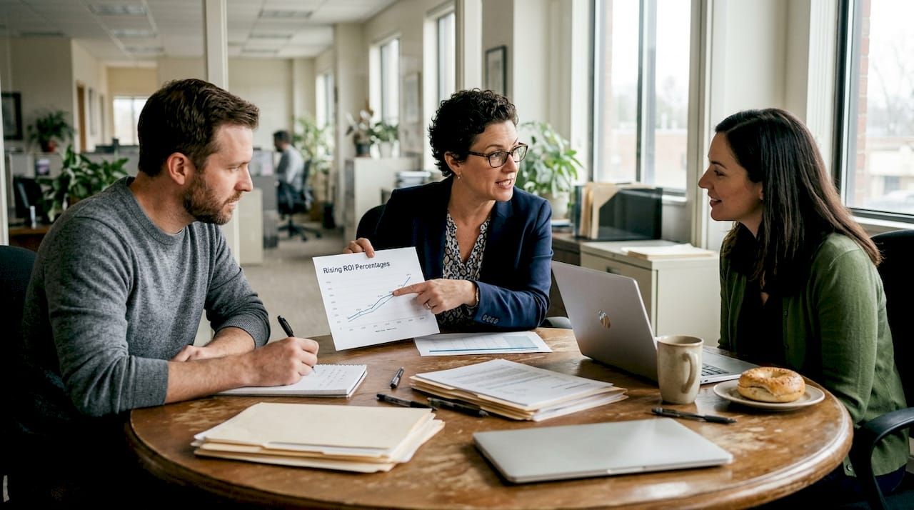 Business team reviews SaaS ROI chart