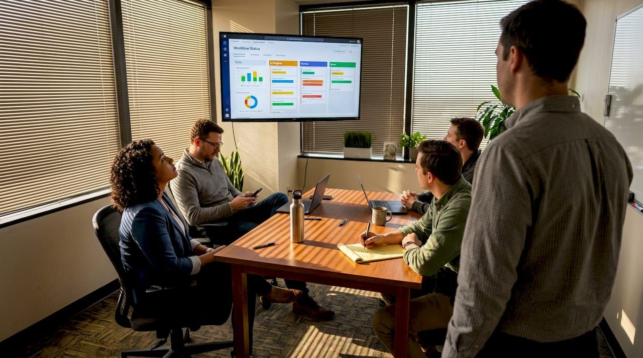 Team discussion in corner conference room with dashboard