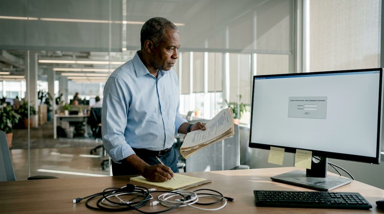 IT manager reviewing legacy system documentation