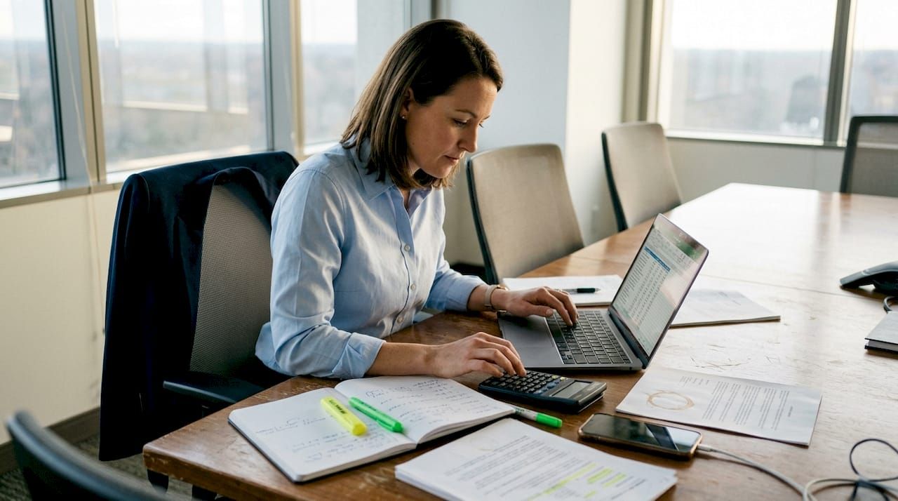 Analyst verifying financial software data at table