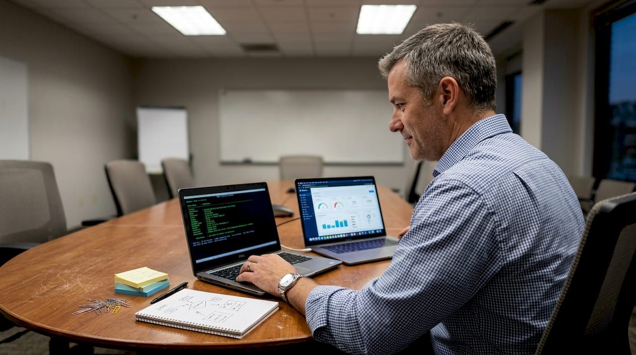 Manager comparing legacy and digital systems