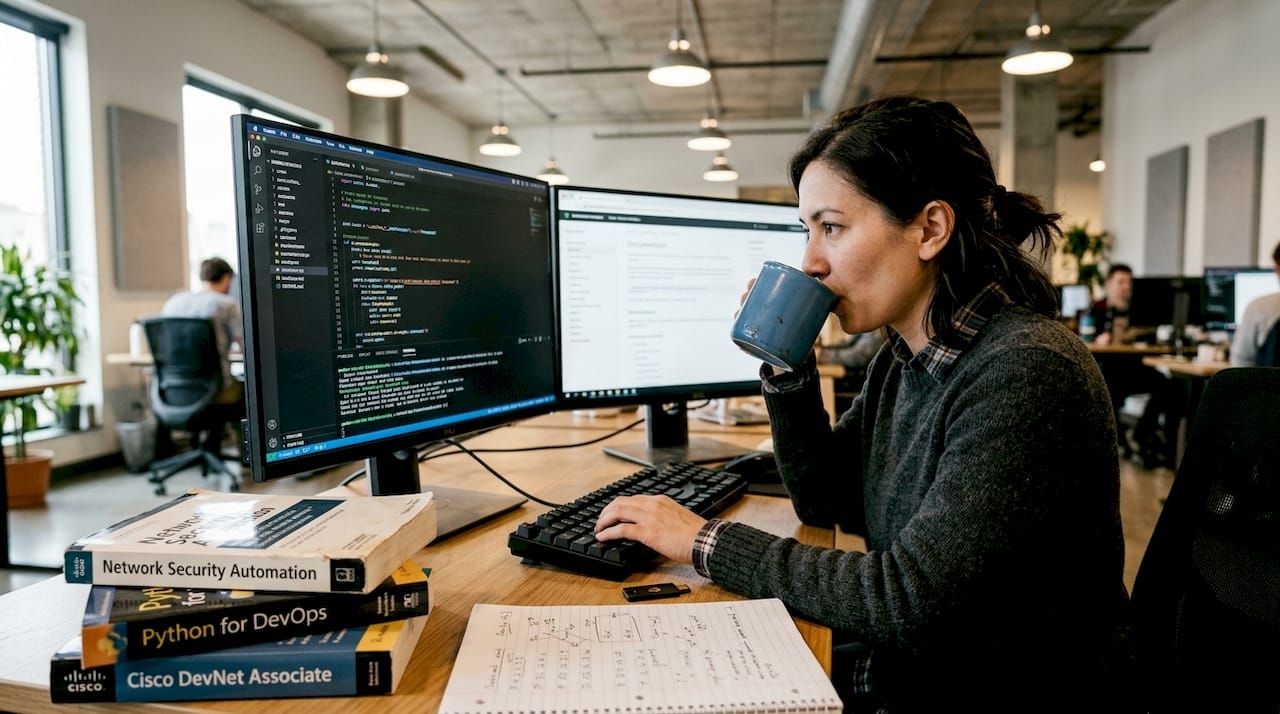 Engineer uses dual monitors for automation scripts