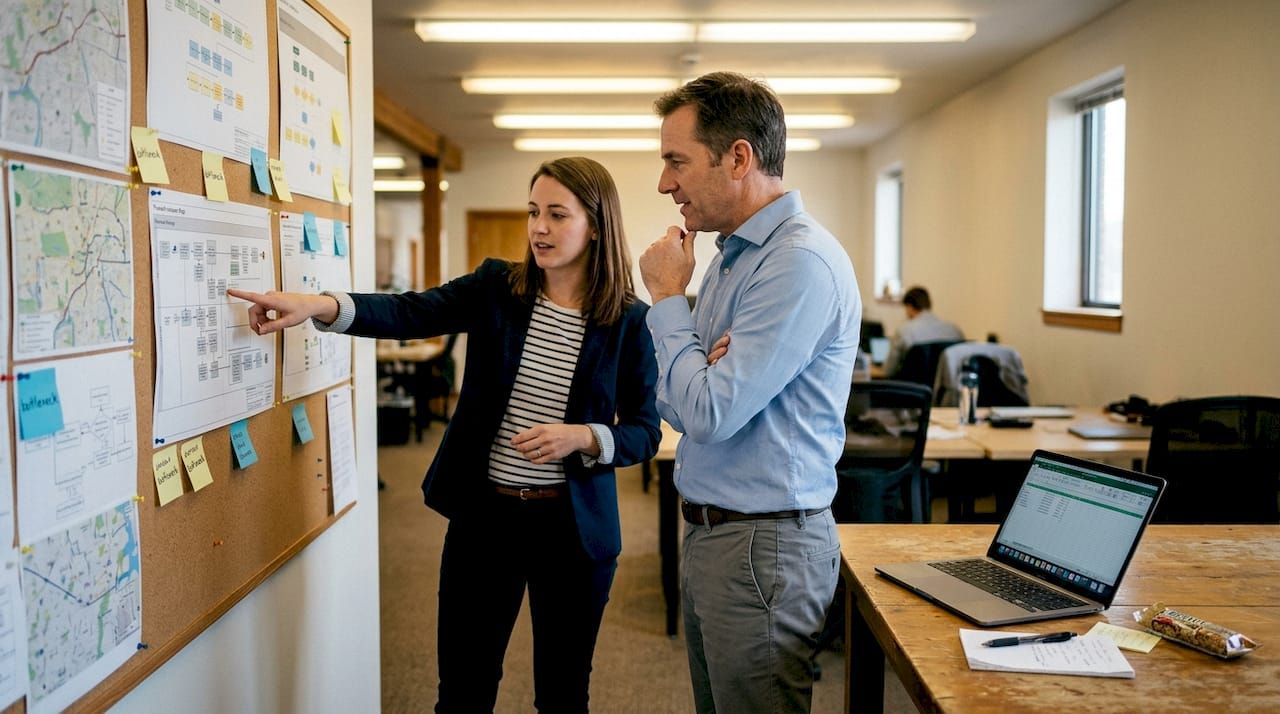 Team analyzing financial process bottlenecks