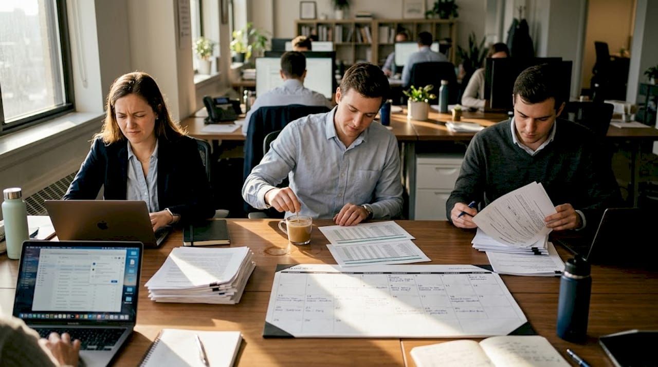 Finance team surrounded by cluttered workflow papers