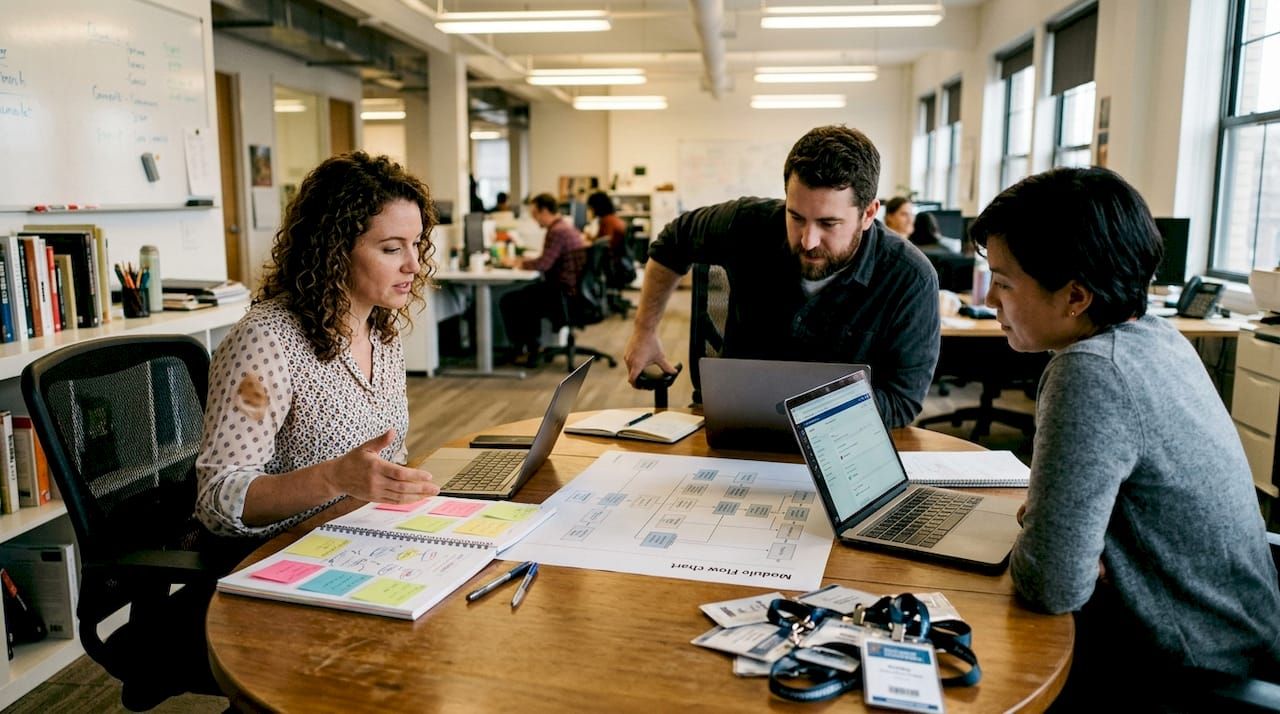 Team collaborating on modular workflow chart