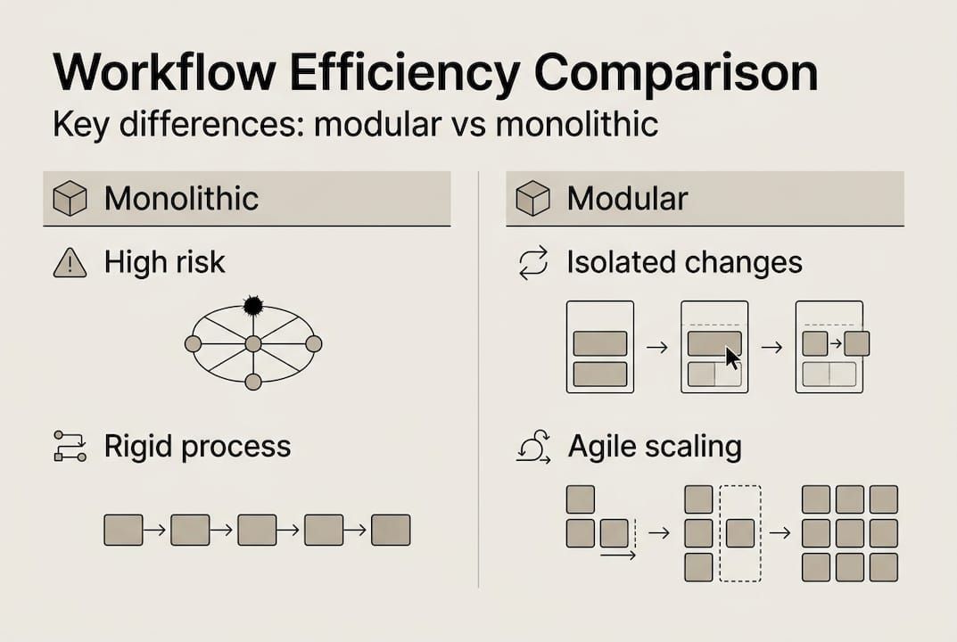Infographic showing modular and monolithic workflow differences