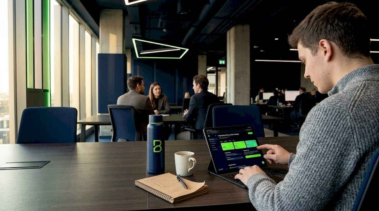 Professional entering feedback on tablet workspace