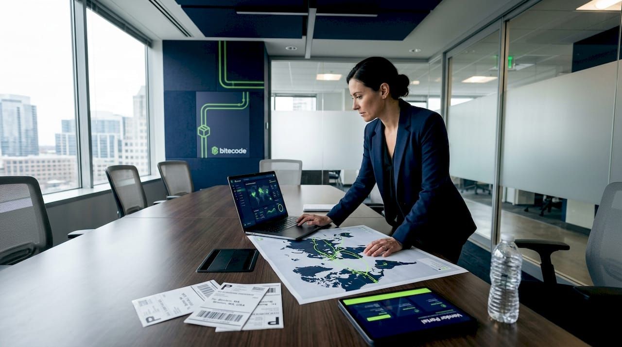 Manager reviews blockchain supply chain tracking