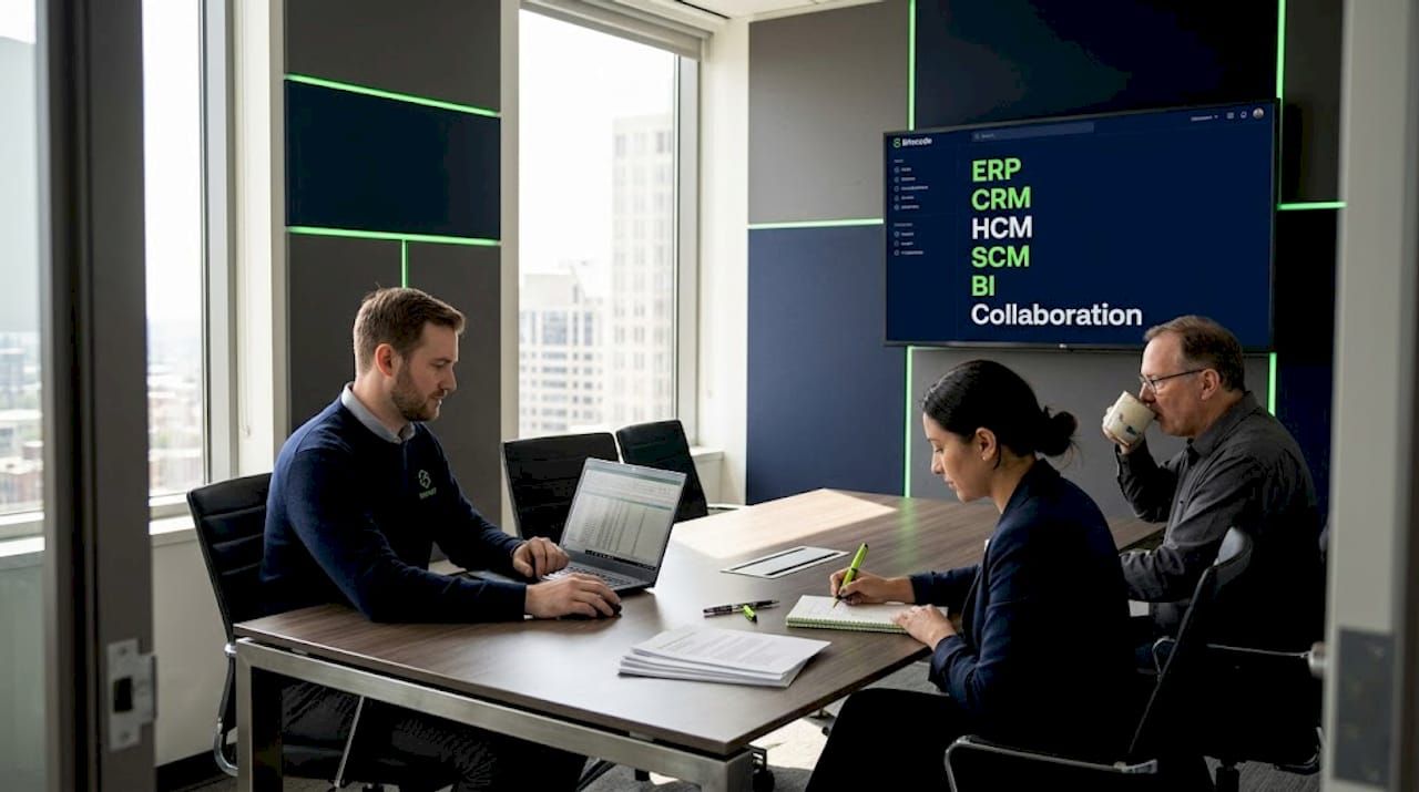 Team discusses enterprise software types in meeting