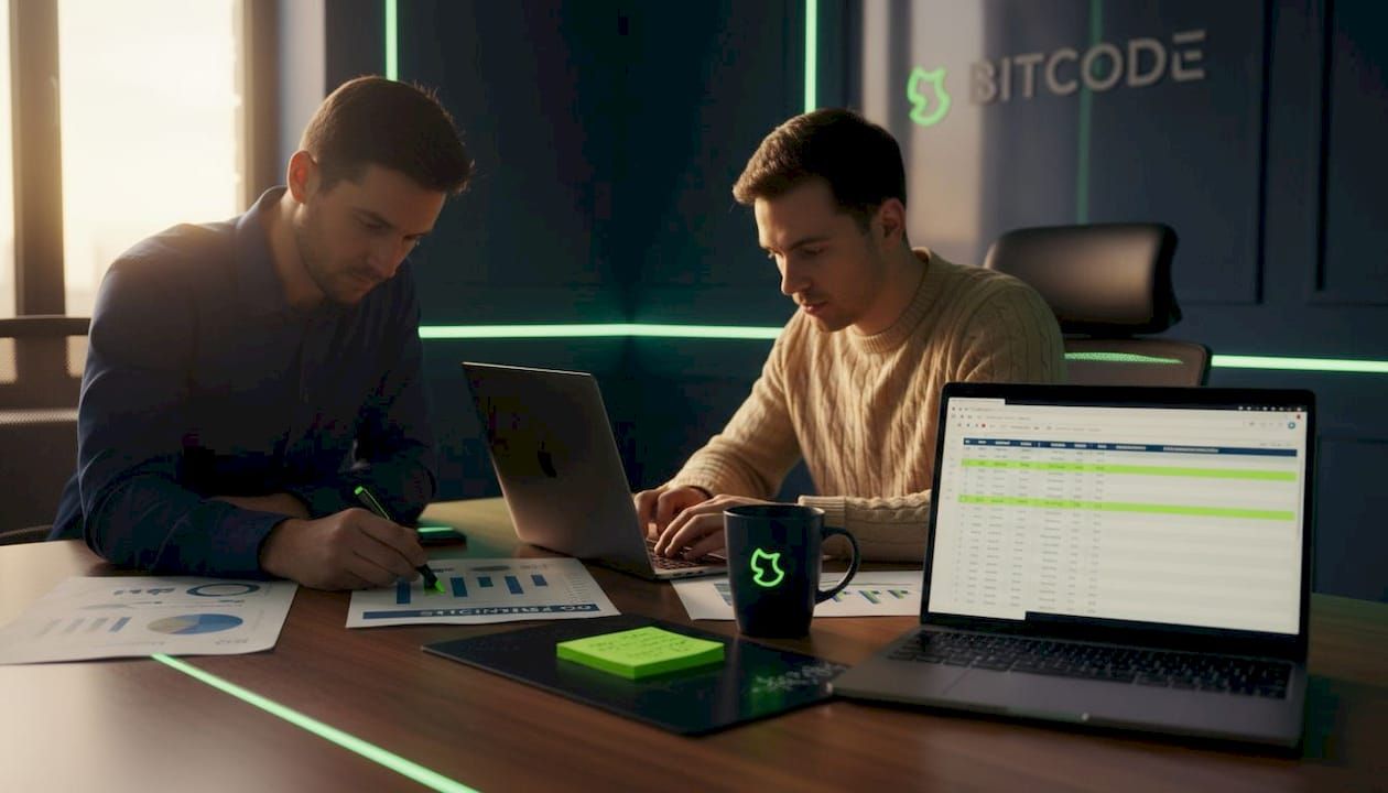 Business analysts reviewing savings data report