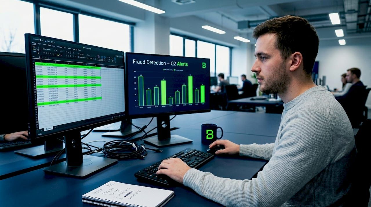 Professional analyzing fraud detection alerts