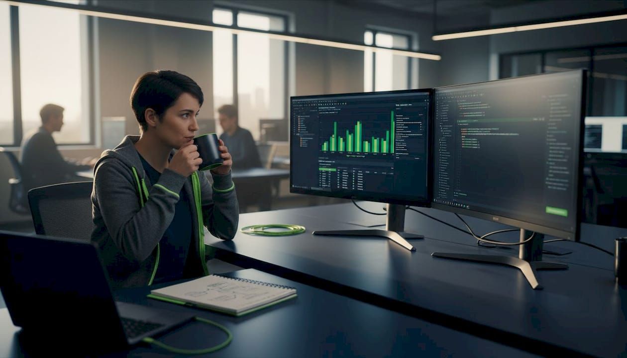 Engineer reviews CI/CD pipeline on dual monitors