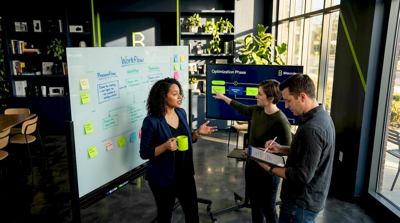 Team collaborates on workflow chart at whiteboard