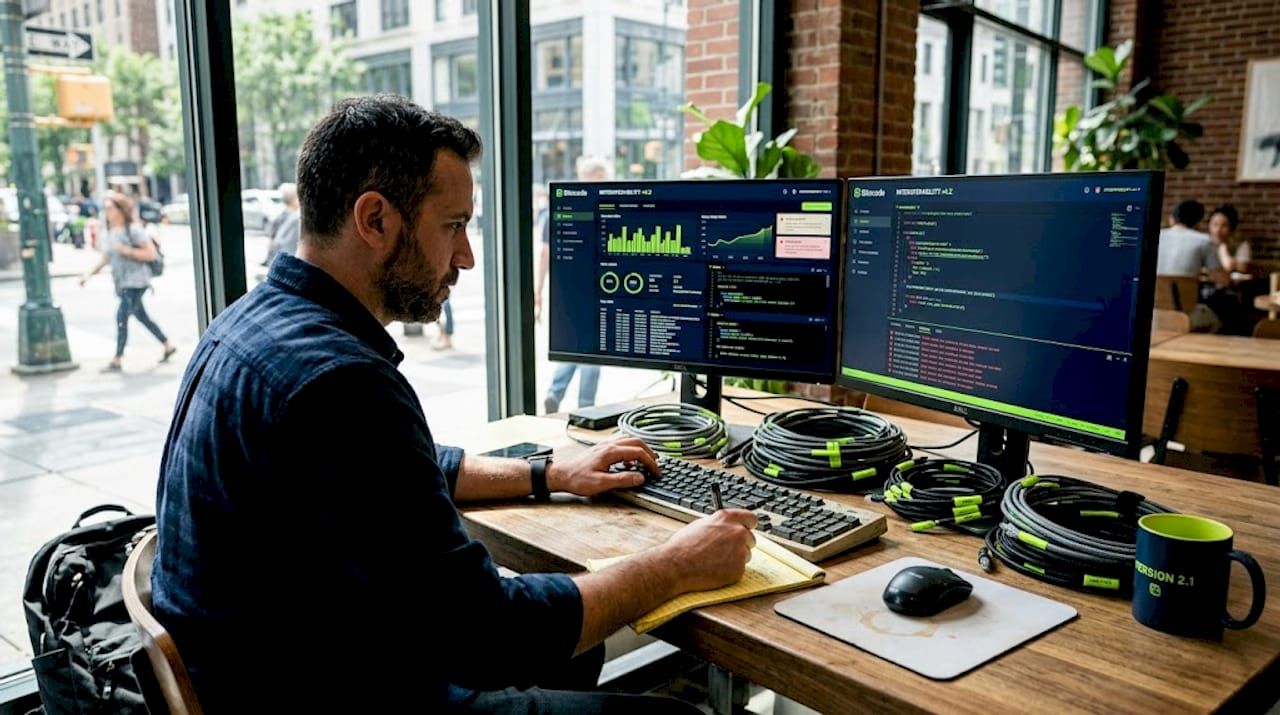 Engineer using interoperability dashboard in office