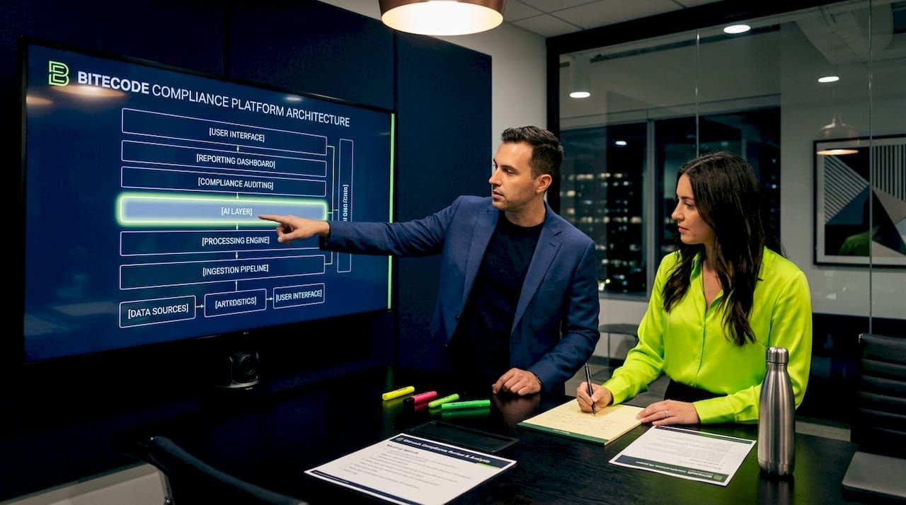 Analysts discussing RegTech architecture diagram