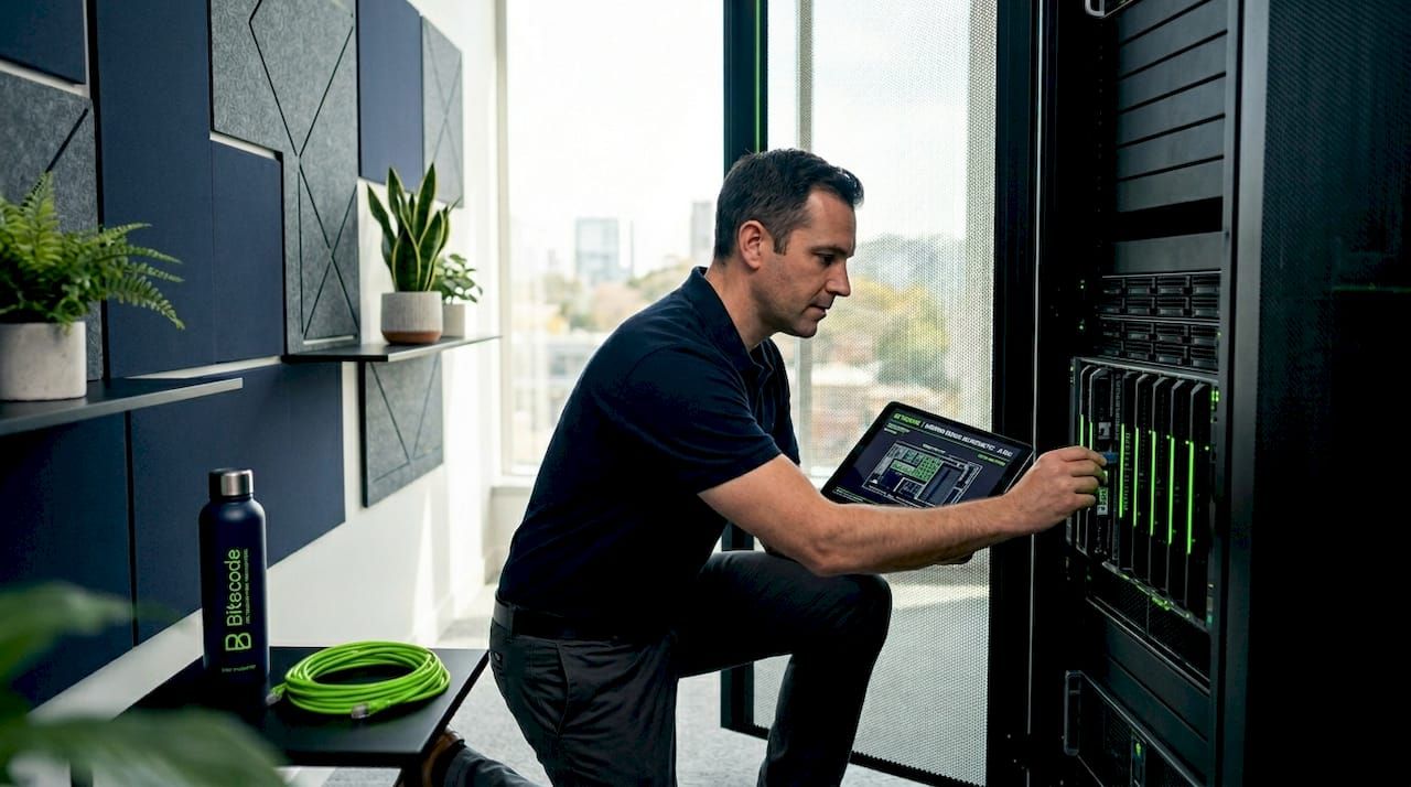 IT manager checks rack servers with tablet