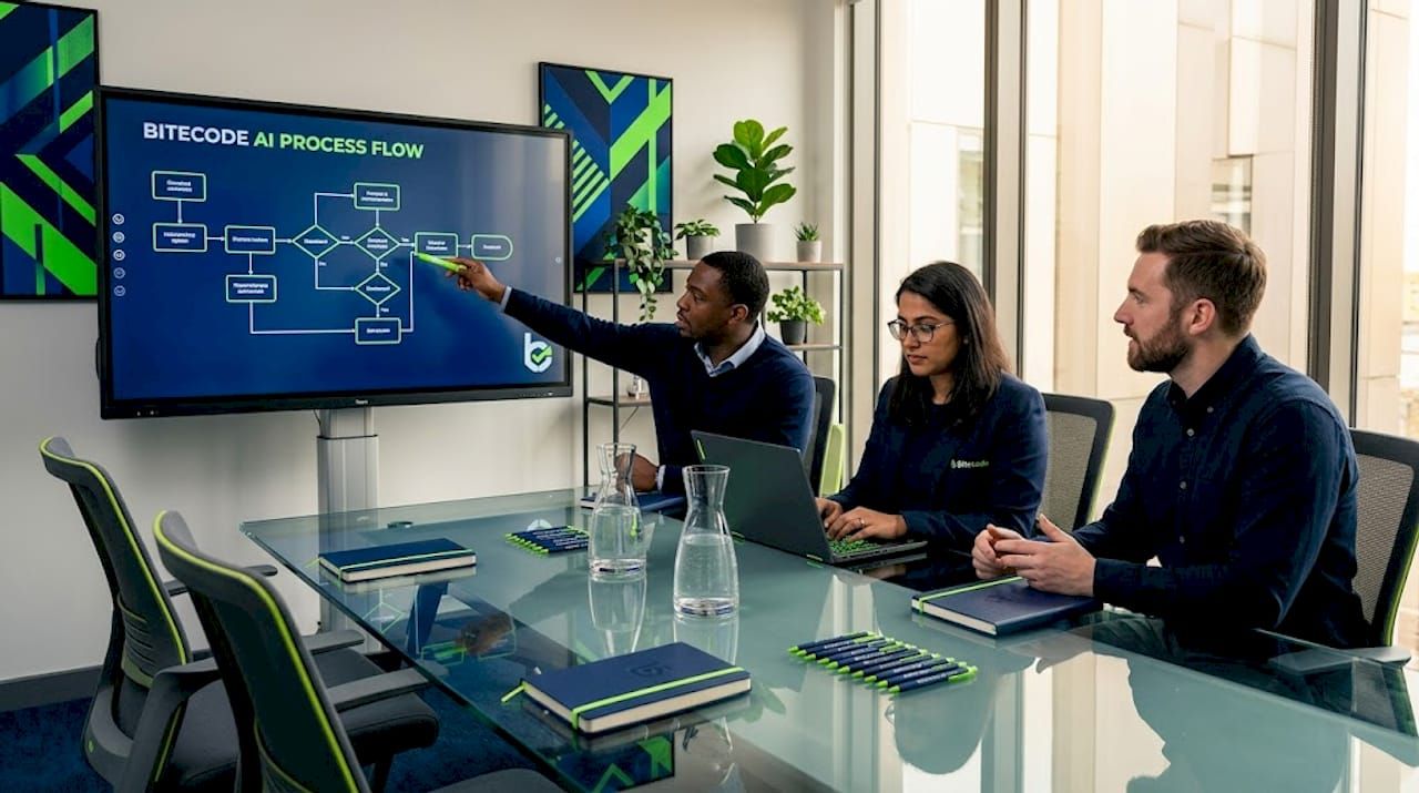 Team reviewing process orchestration diagram