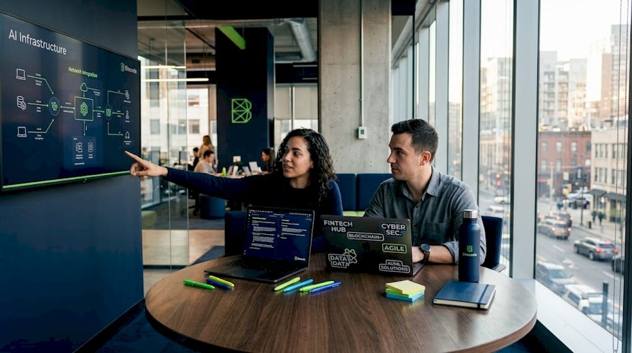 Tech team reviews AI infrastructure diagram