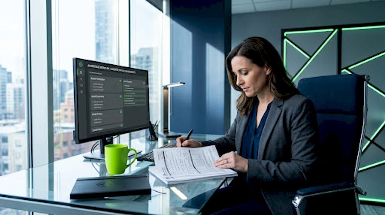 Loan officer reviewing mortgage documents with AI tools