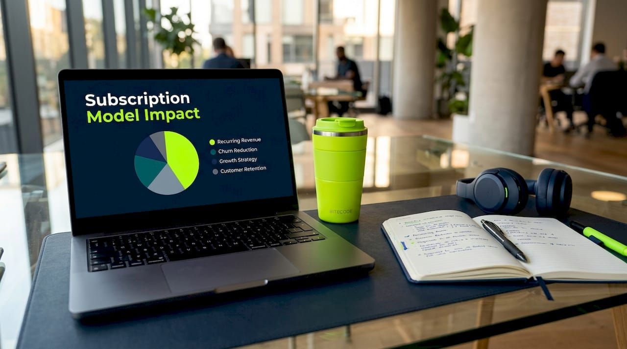Laptop showing subscription model pie chart on desk