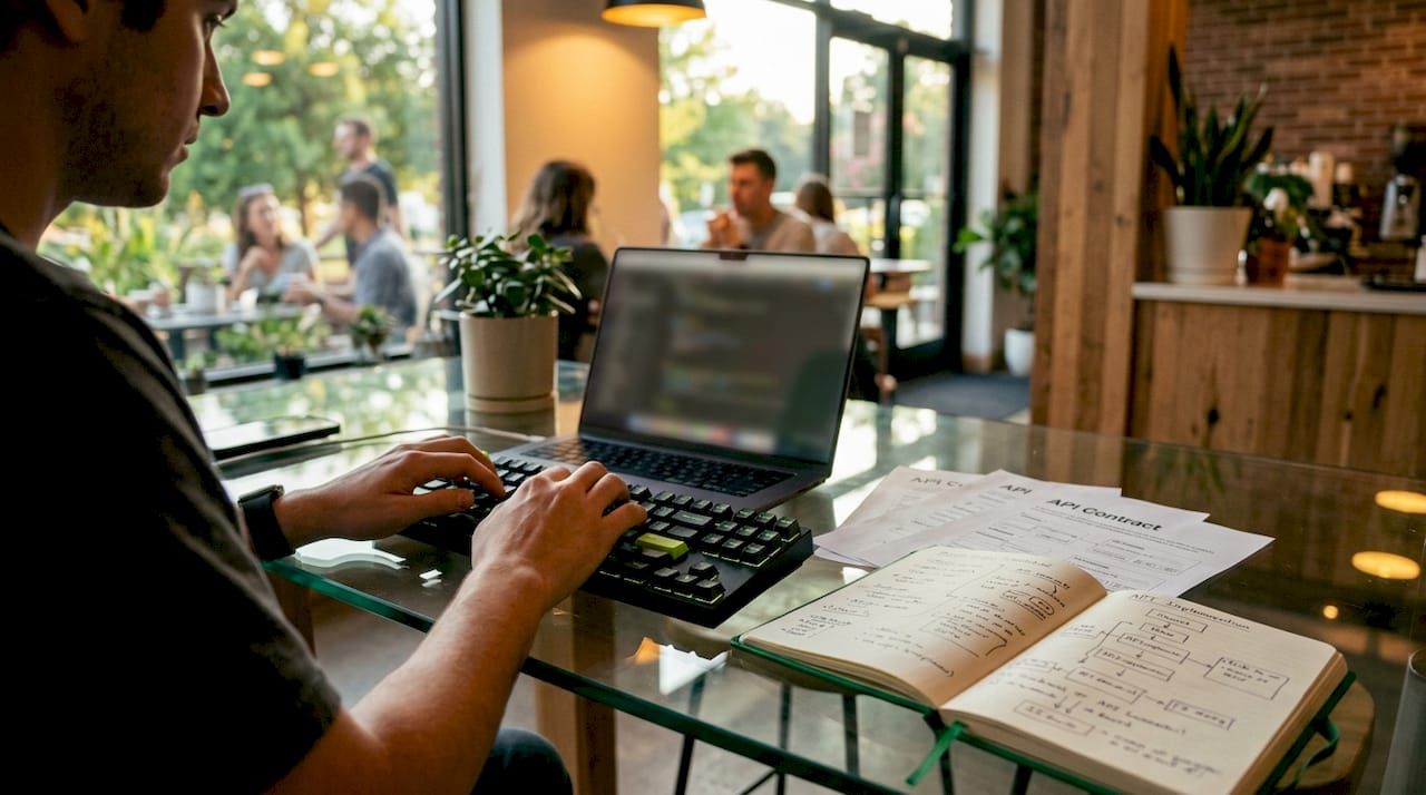 Hands typing next to API contract pages