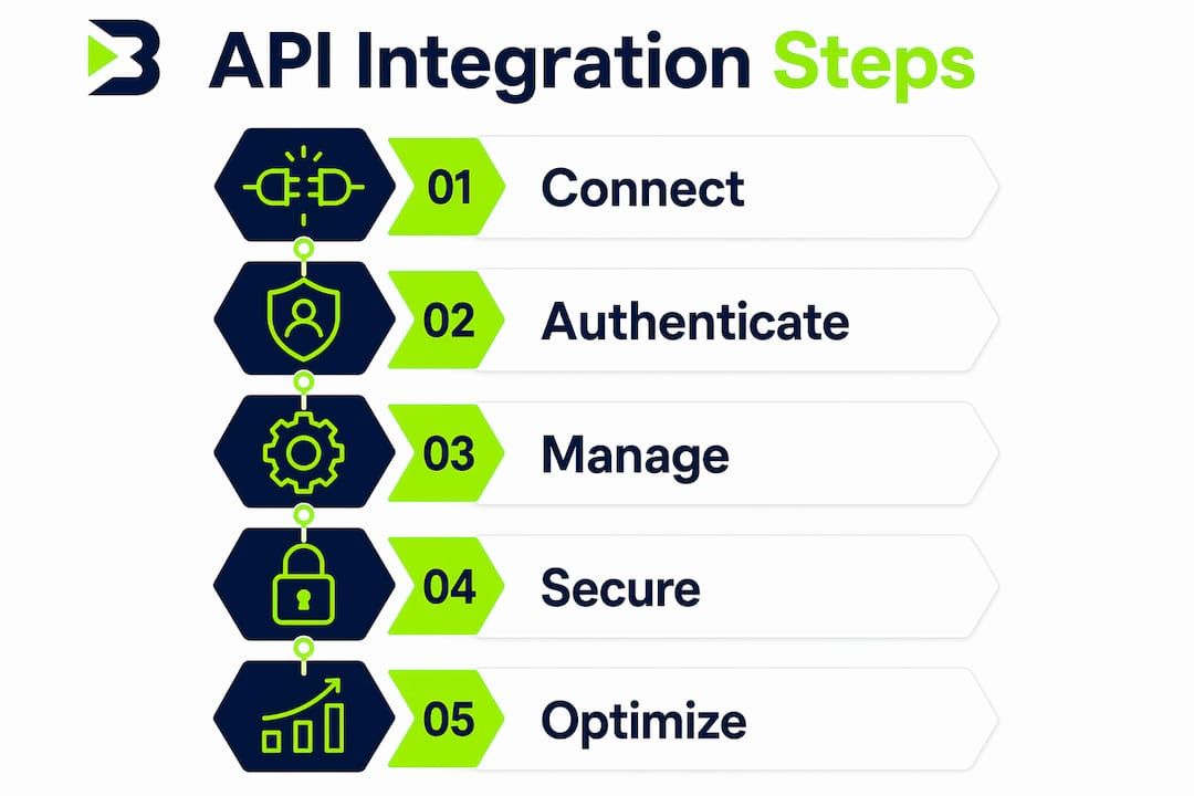 Infographic illustrating API integration workflow steps