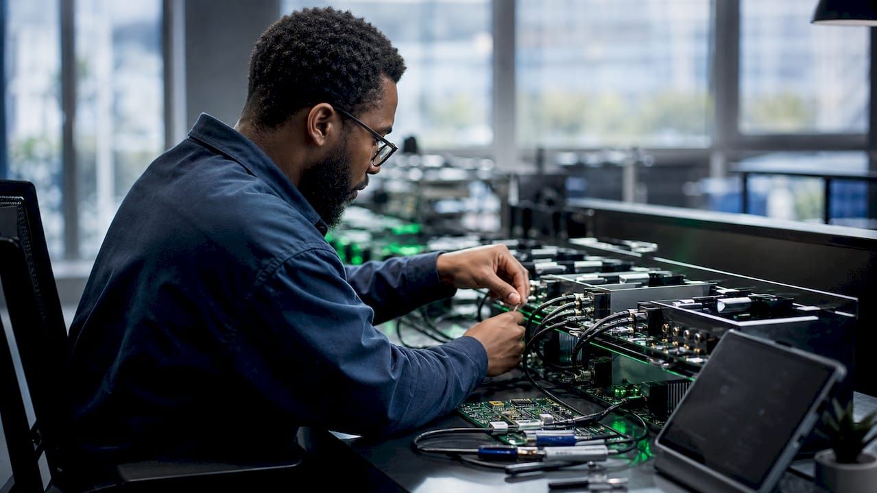 Engineer assembling enterprise blockchain hardware