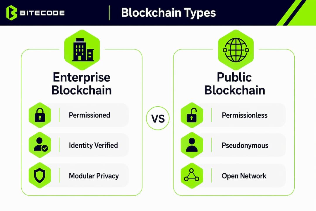 Infographic comparing enterprise and public blockchain features