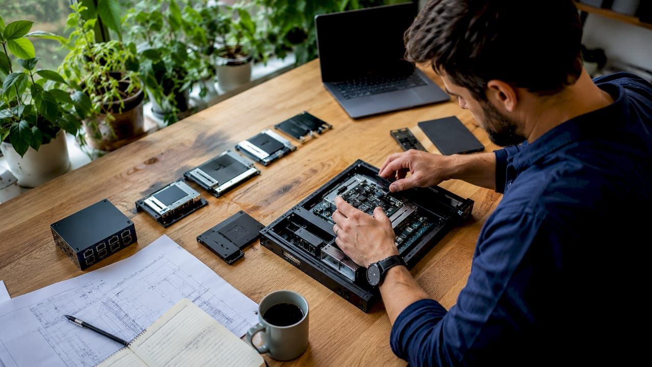 Hands assembling modular tech components at desk