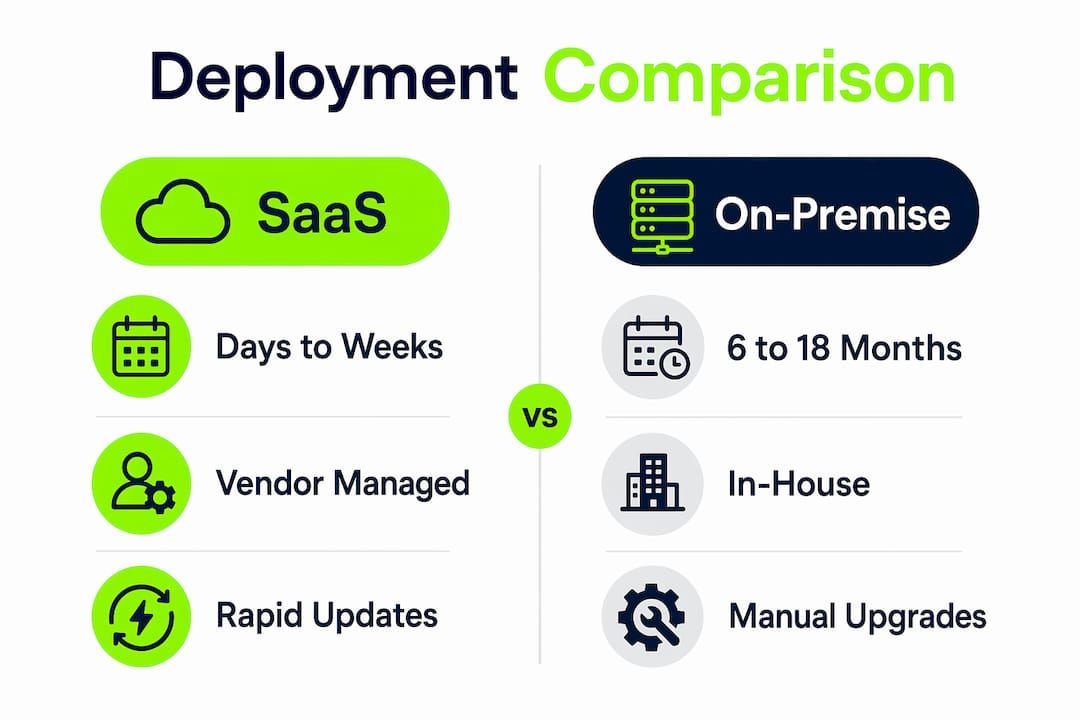 Infographic comparing SaaS and on-premise deployment timelines
