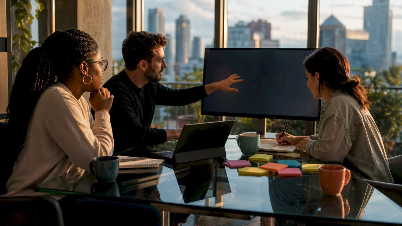 Software team collaborating over tablet and laptop