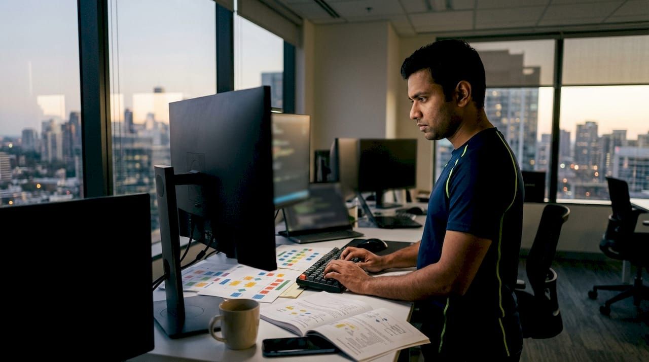 DevOps engineer typing at standing desk