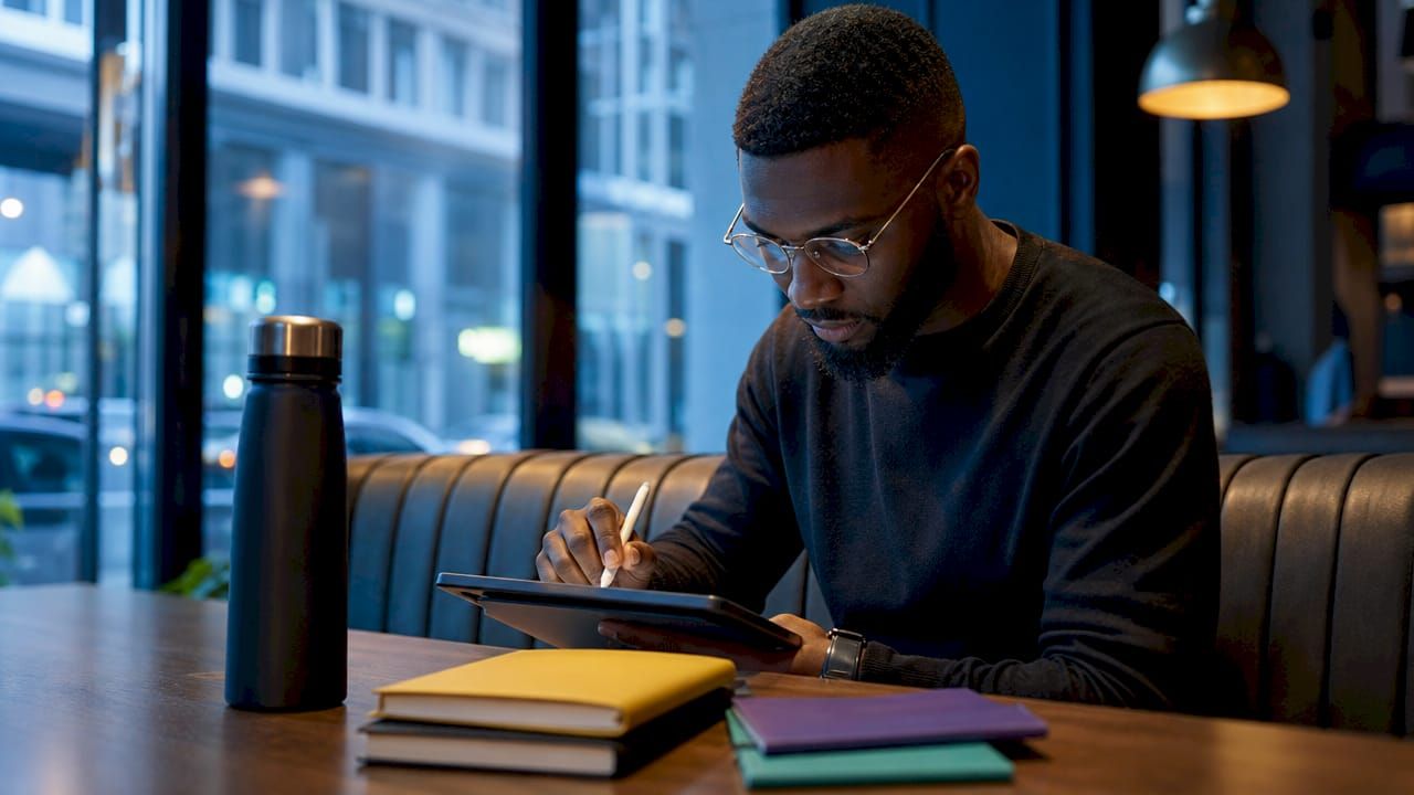 Hands using financial reconciliation tablet