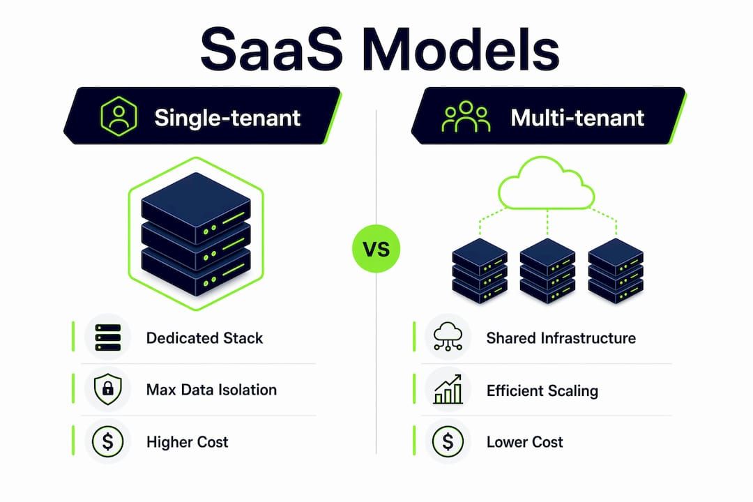 Infographic comparing single-tenant and multi-tenant SaaS models