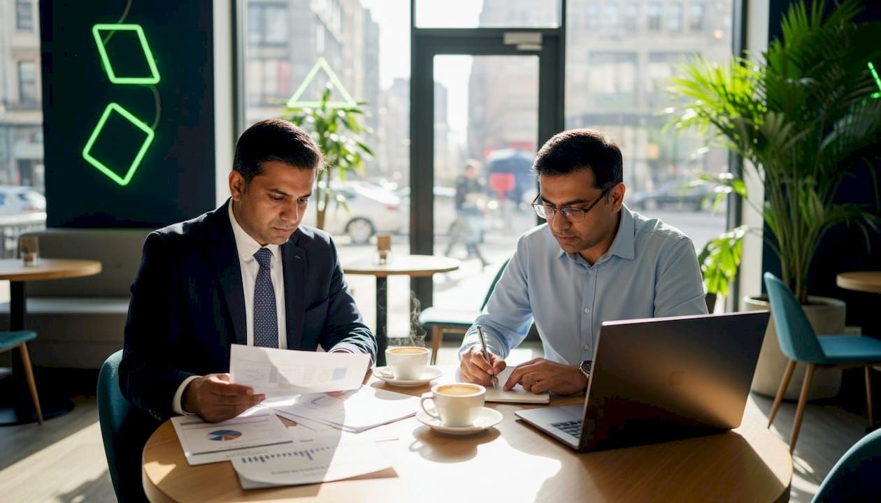 Two men reviewing fintech regulatory framework documents in meeting room