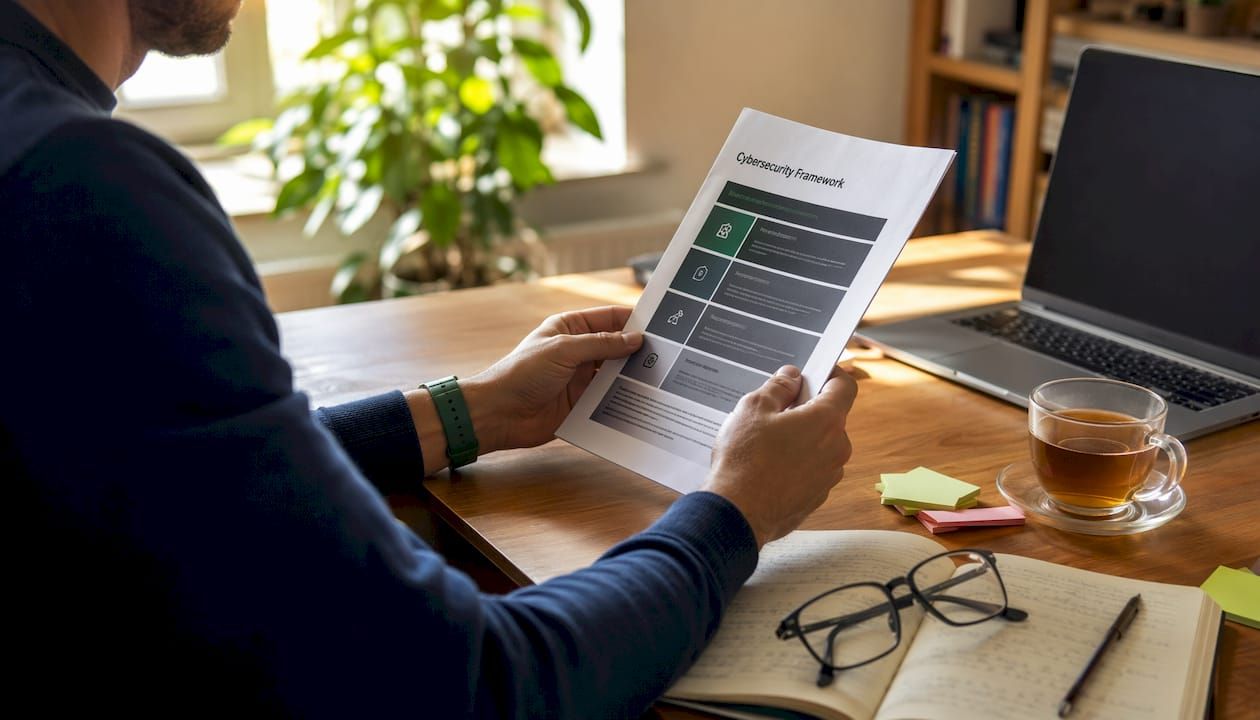 Hands holding cybersecurity framework document