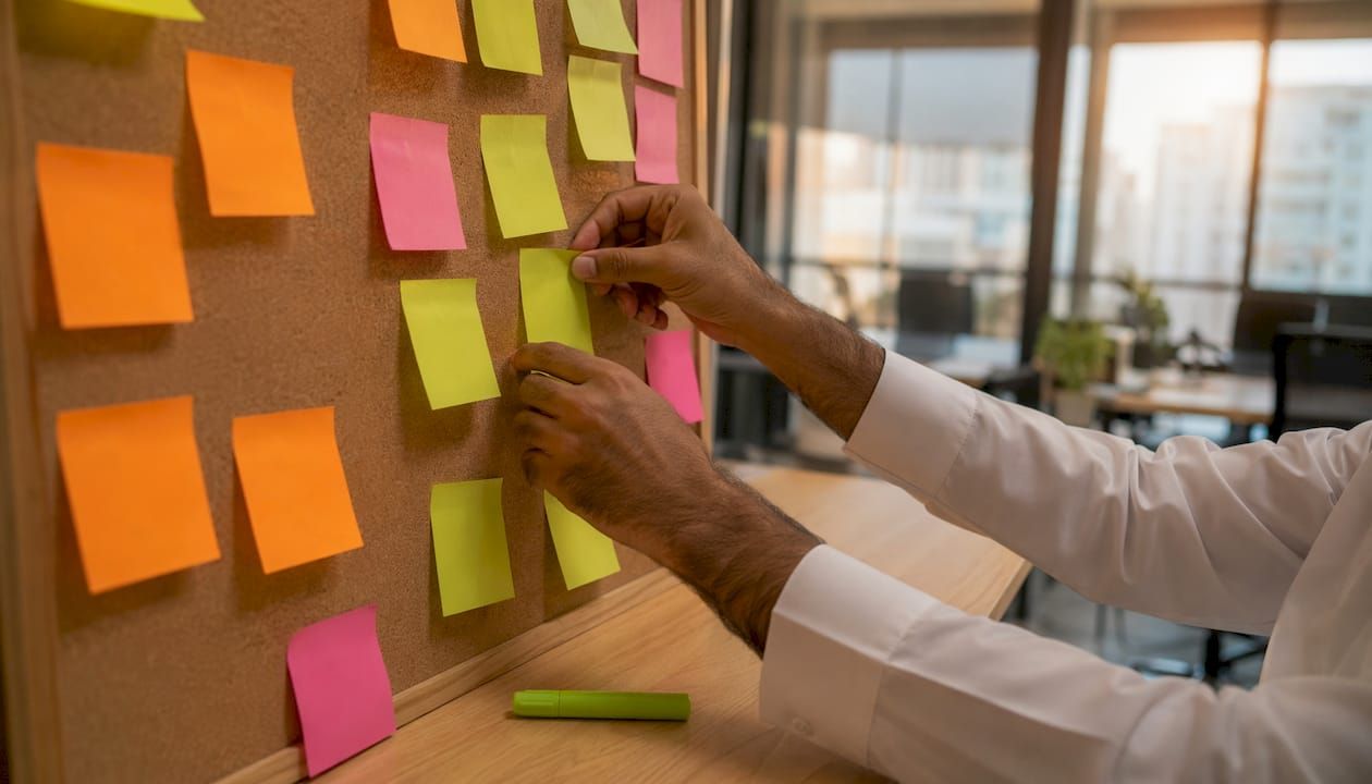 Hands arranging sticky notes in Agile Scrum meeting