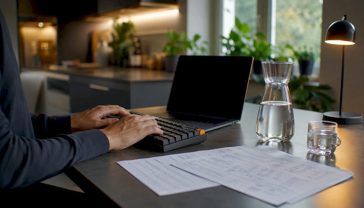 Hands typing fintech API code at home desk