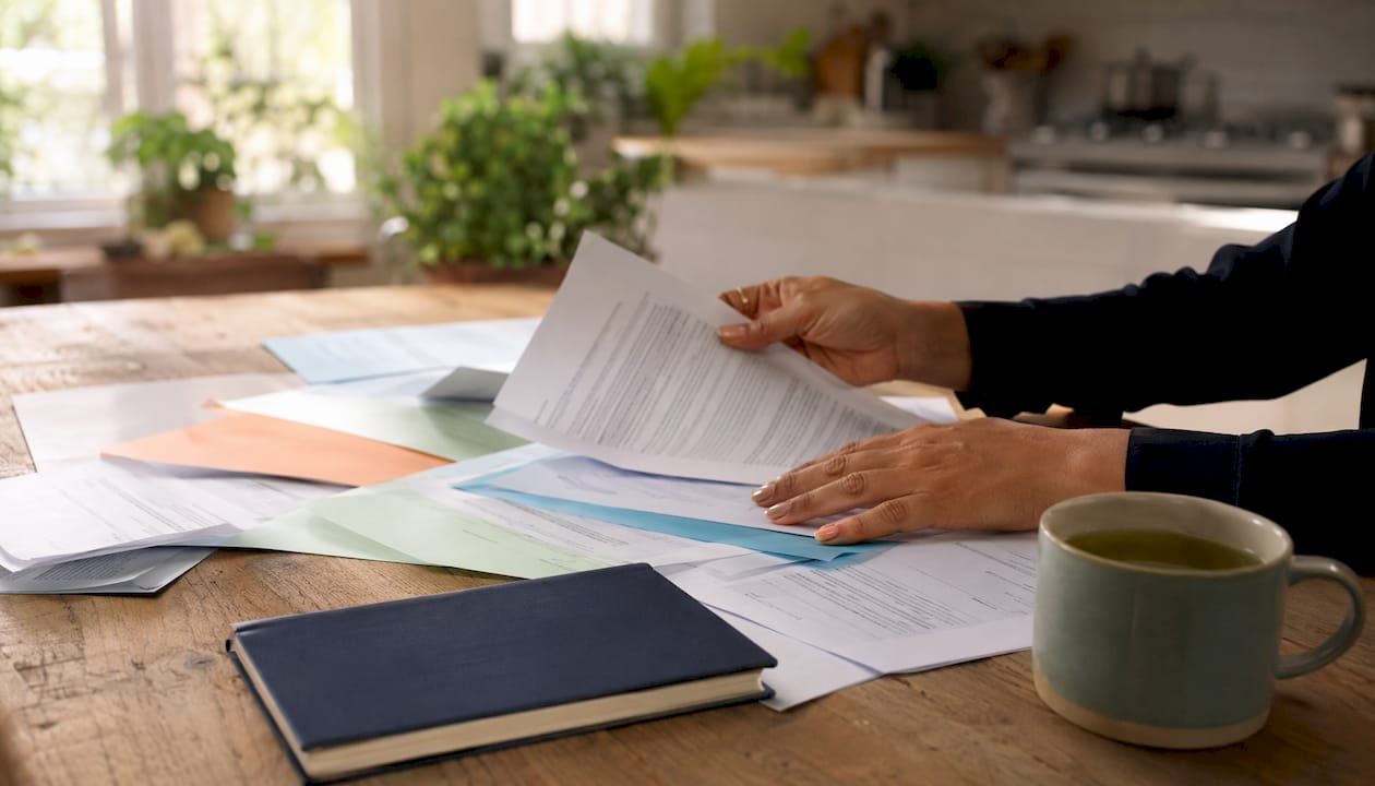 Hands organizing US SaaS compliance documents overhead view