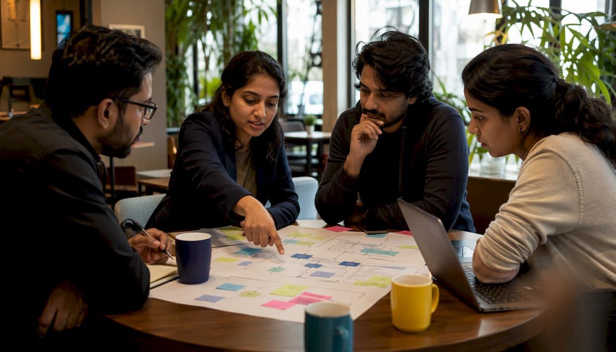 Team collaborating on product development plans