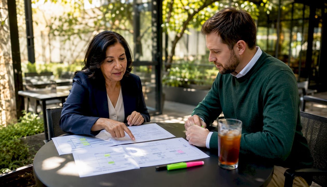 Overhead view of professionals reviewing testing models