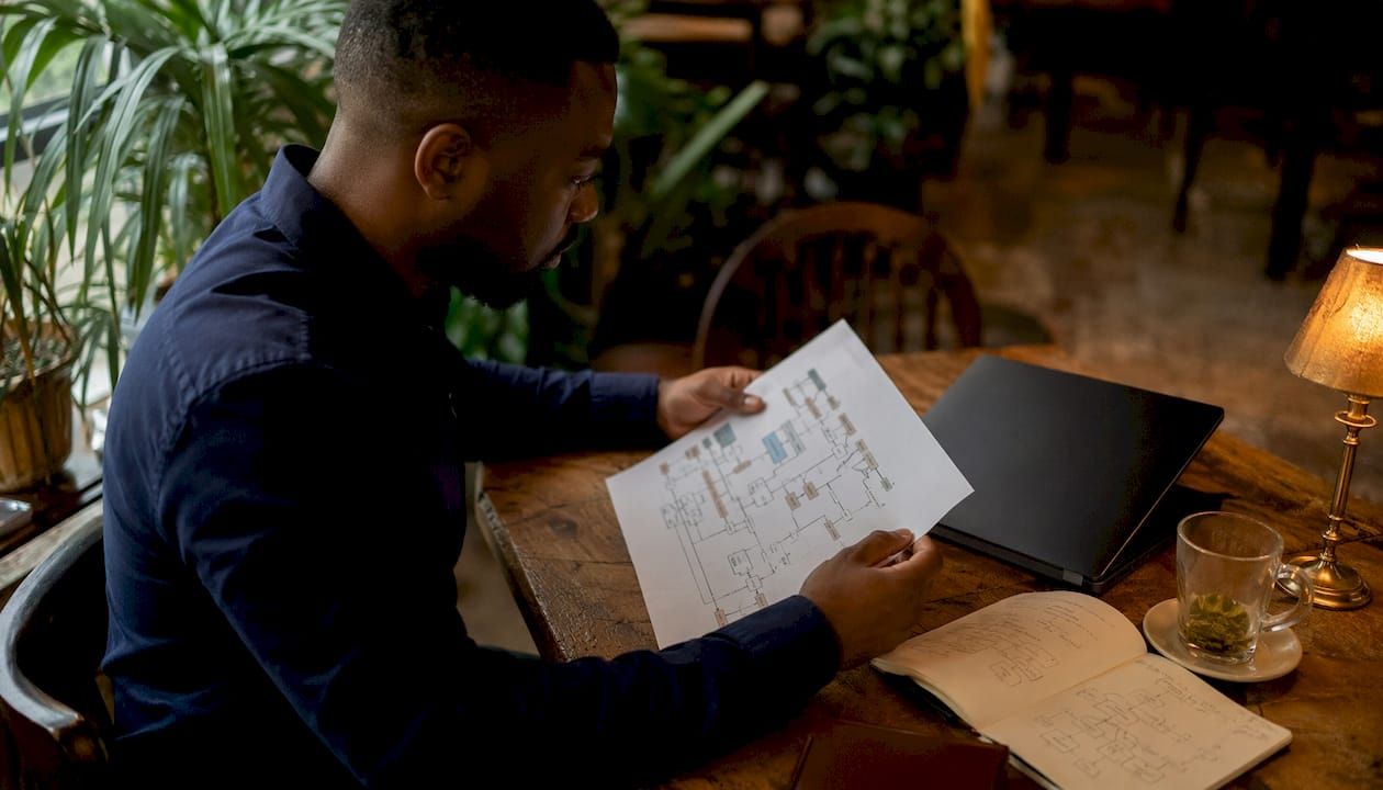 Hands pointing at AI workflow node diagram