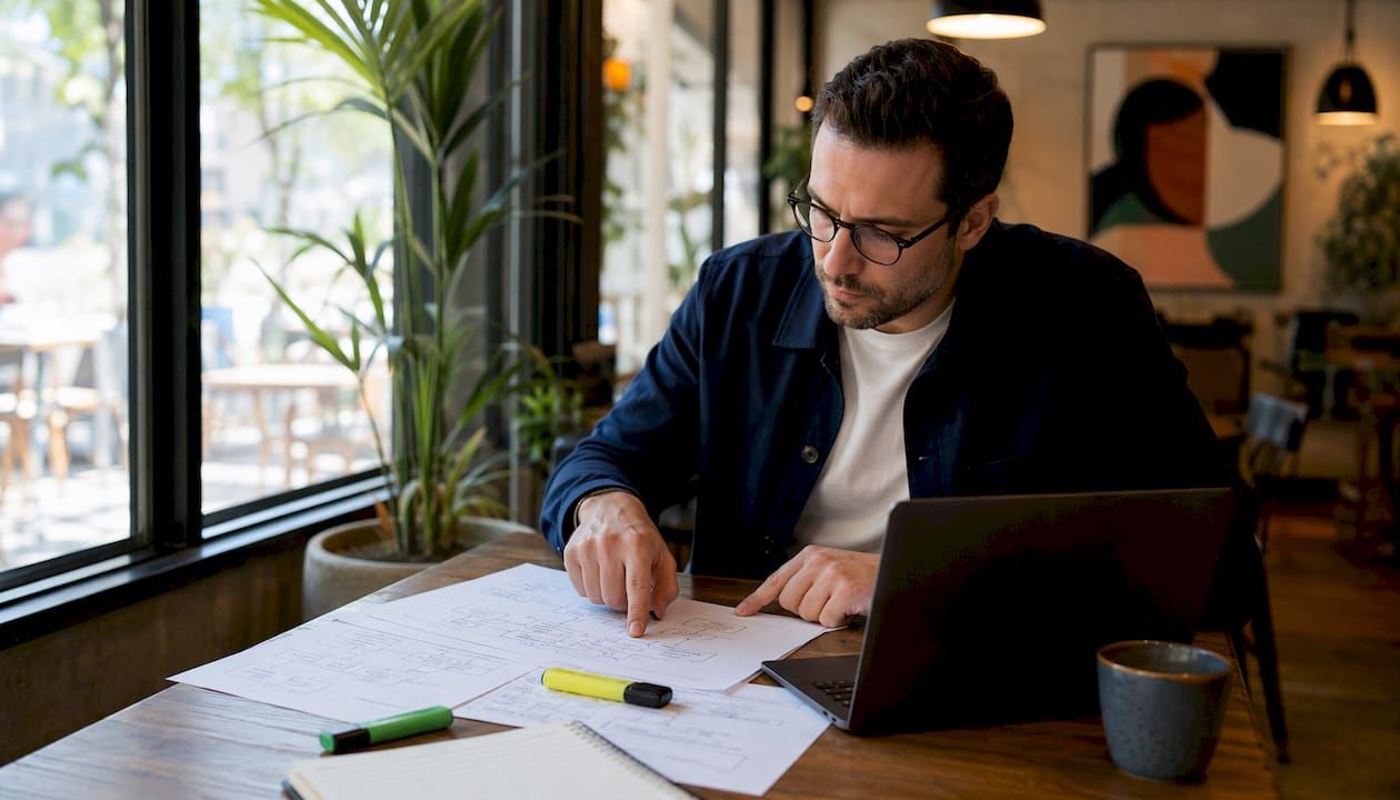 Hands pointing to workflow reliability documents on table